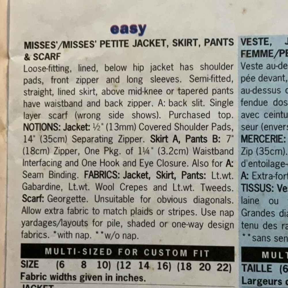 Vtg. 5183 Butterick Pattern Jacket Skirt Pants Scarf 12-14-16 Misses/Petite
